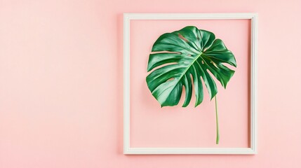 Sticker - Single green tropical leaf in a white picture frame against a pink background.