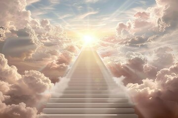 A white staircase leading upward into a sky filled with clouds, symbolizing heaven or the afterlife.