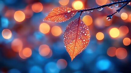 Wall Mural - Close-up of dew-covered leaves with a colorful bokeh background.