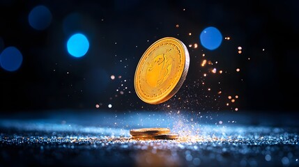 An isolated gold coin floating above a reflective surface, surrounded by sparkling lights and a dreamy blue background.