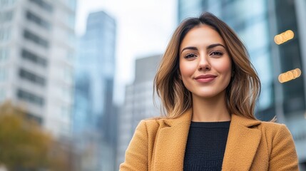 confident woman standing outdoors in urban environment, showcasing professional demeanor and modern 