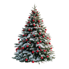 Christmas snowy tree decorated with red balls ornaments isolated on white background. clipping path