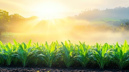 Canvas Print - Sunrise over lush green vegetable field.