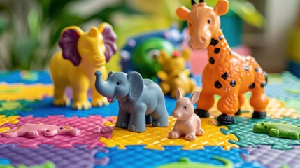 Wall Mural - A collection of toy animals on a play mat