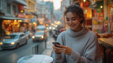 A young woman in casual attire sits at an outdoor café during sunset, looking at her smartphone and smiling. Behind her, a bustling market street with colorful storefronts and busy traffic.