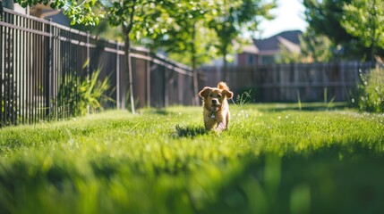 Wall Mural - A dog playing in a fenced backyard