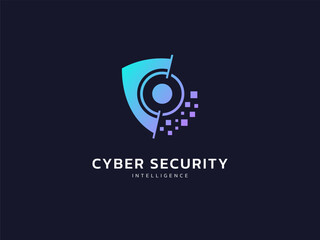 Wall Mural - cyber security intelligence data protection shield with robot eye scan and analysis technology logo 