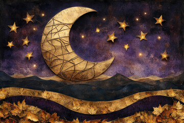 Wall Mural - A painting of a moon and stars on a mountain