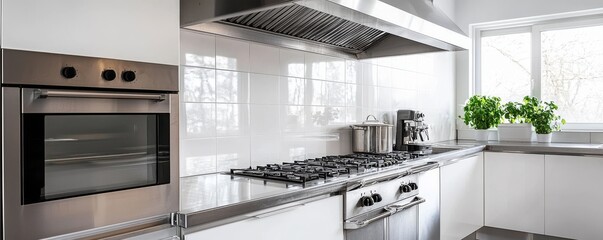 Modern kitchen interior featuring stainless steel appliances and clean lines, perfect for culinary enthusiasts and home chefs.