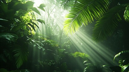 Sticker - Sunlight beams through a lush, green tropical jungle, illuminating the vibrant foliage.