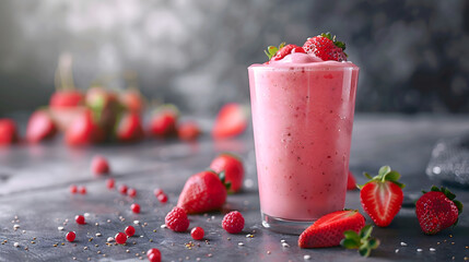 Refreshing strawberry smoothies drink in glass decorated with fresh mint, red fruit beverage healthy summer dessert sweet organic natural delicious blended juicy nutrition snack party celebration food