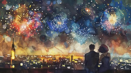 Watercolor painting of a couple admiring the beauty of festive fireworks.