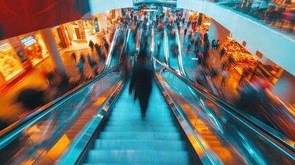 Wall Mural - People customer transport on escalator at urban shopping mall, Department store business, financial economy,city life, tourist traveler lifestyle,Motion blur,copy space.