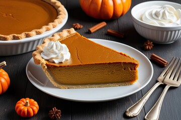 Wall Mural - Classic Pumpkin Pie Slice with Whipped Cream for a Perfect Thanksgiving Celebration