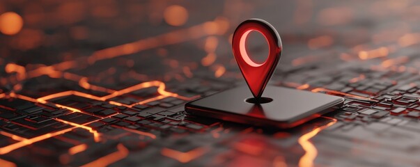 red location marker on a dark, textured surface, highlighting navigation and technology concepts.