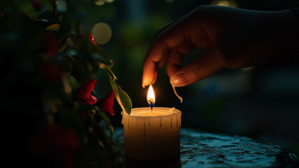 A hand gently lighting a candle near blooming flowers in a serene evening setting