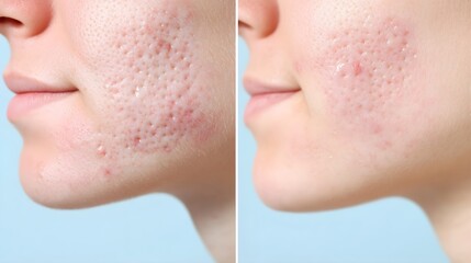 Before-and-after of a young adult male's chin and cheeks, acne clearing up significantly, studio lighting, clean background, high contrast, medical-grade clarity