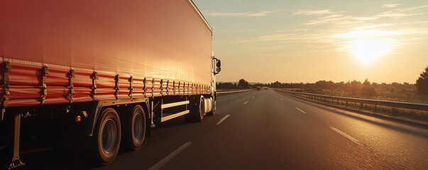 A vibrant sunset view with a truck on the highway, capturing the essence of transportation and freedom in the open road.