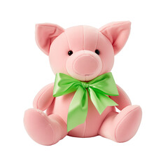 Wall Mural - Adorable Pink Stuffed Pig Toy With Green Ribbon Sitting On White Background