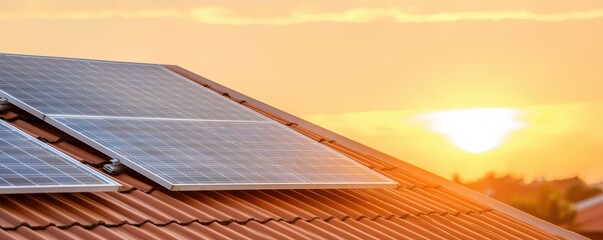 Solar panel on a rooftop at sunset, capturing renewable energy and showcasing modern green technology in urban landscape.