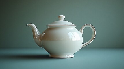 A white porcelain teapot with a lid, spout, and handle, set against a soft teal background.