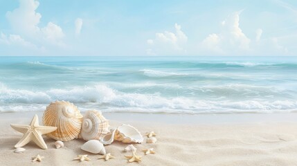 Wall Mural - Ocean beach with seashells and starfish, gentle waves, bright sky