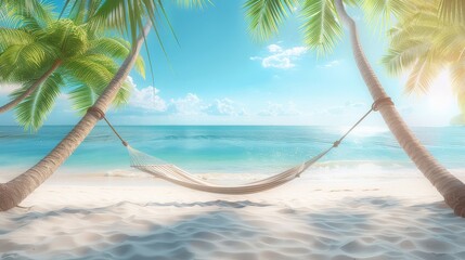 Wall Mural - Idyllic beach with a hammock between palm trees, calm waters, sunny day