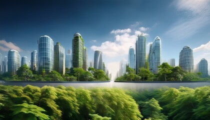 environment and future with buildings in city for carbon footprint, eco friendly and futuristic