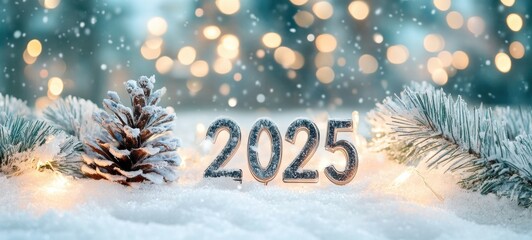 celebrate the new year 2025 with a festive winter scene featuring snow, pine, and sparkling lights.