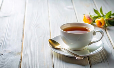 White porcelain tea cup, saucer, spoon on the table