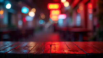 Wall Mural - Empty wooden table with neon light night view blurred bokeh lights background