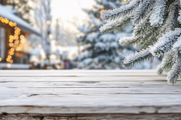  rustic white wood counter top, with a blurred snow covered pine tree in background, winter season concept, christmas mockup