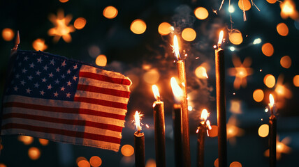 Celebratory candles and an American flag illuminated at night during a festive gathering