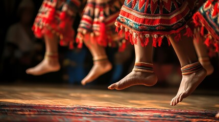 A close-up of dancers' feet in traditional costumes, capturing the dynamic motion and cultural richness of a vibrant performance.