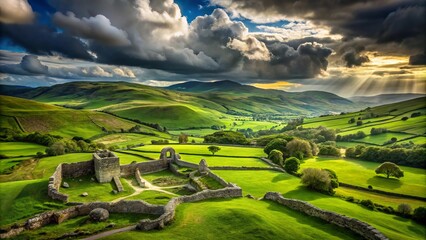 Lush green hills rise around age-old ruins, all beneath a stunningly dramatic sky, embodying the enchanting spirit of