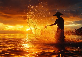 Silhouette of a fisherman casting a net at sunset with splashes of water.