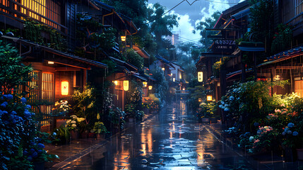 A beautiful japanese tokyo city town in the evening. houses at the street. anime comics artstyle. cozy lofi asian architecture. 16:9 4k resolution