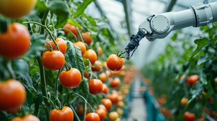 A robotic arm picking ripe tomatoes in a high-tech greenhouse, showcasing automation in farming