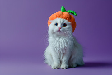 A white cat wearing a pumpkin hat is sitting on a purple background