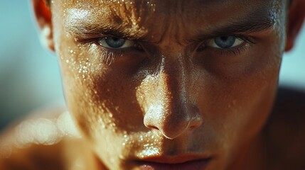 Close up portrait of a determined young man with sweat on his face.