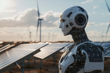 Wall Mural -  robot stands in front of a row of solar panels. The robot is white and has a helmet on. The scene is futuristic and gives off a sense of technology and innovation