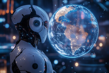 Wall Mural - robot is standing next to a globe. The robot is white and has blue eyes. The scene is set in a room with a computer monitor on the wall