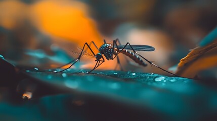 Wall Mural - Close-up of mosquito resting on leaf in tropical forest, emphasizing its role in transmitting viruses, shallow depth of field.