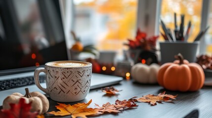 A Thanksgiving-themed home office setup with a desk decorated with small pumpkins, fall foliage, and a warm cup of coffee, creating a cozy and productive atmosphere