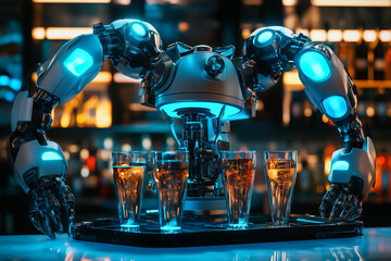 robot bartender is serving drinks at a bar. The robot is surrounded by several bottles and glasses, and it is in a futuristic setting. Scene is futuristic and high-tech