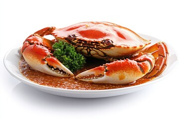 A whole steamed crab, red and glossy, with a white plate and a garnish of parsley, sits on a white background.