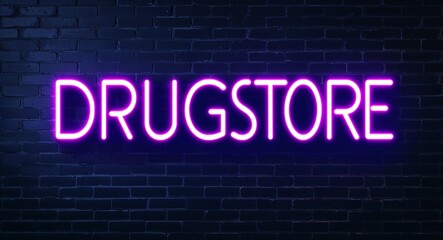 Drugstore word lettering glowing with neon light on dark brick wall background