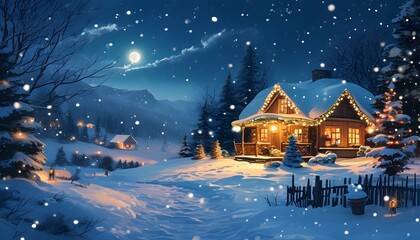 Cozy winter cottage adorned with twinkling lights and festive decorations amid a serene snow-covered landscape under a starlit night sky