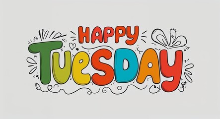 happy Tuesday word lettering with groovy doodles drawing design on plain white background