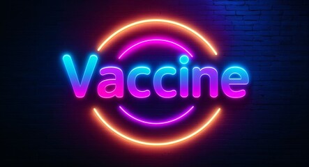 Wall Mural - vaccine word lettering glowing with neon light on dark brick wall background